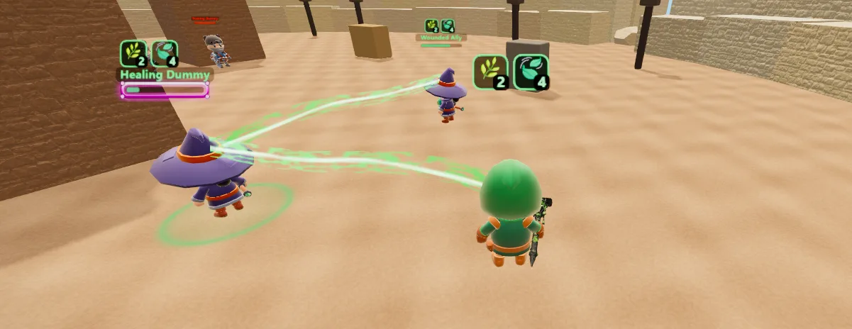 A healer channels twin healing beams to two allies across the desert arena