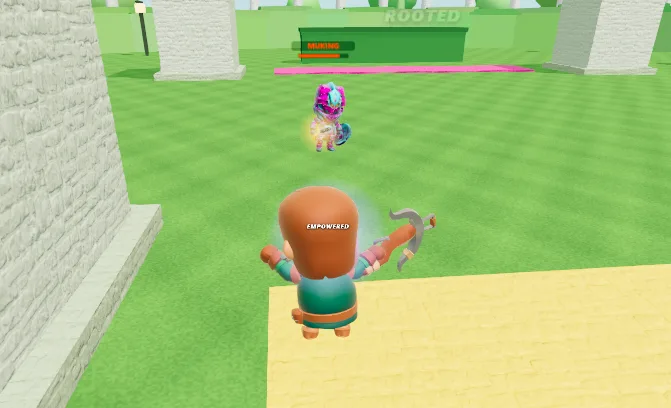 A hunter lines up a shot on a rooted enemy in the gardens arena